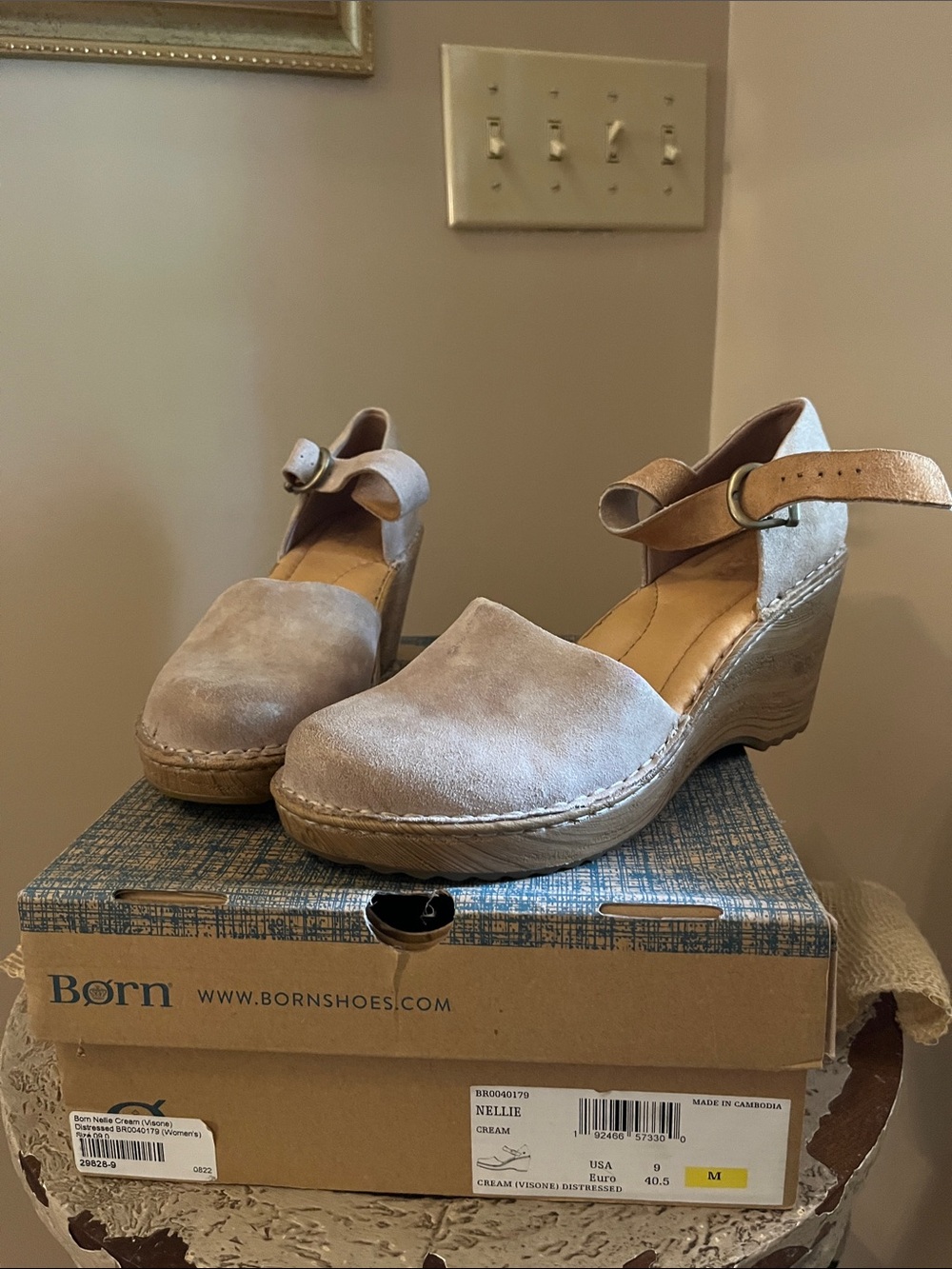 Born Nellie Suede Wedge Clog in Cream-Tan